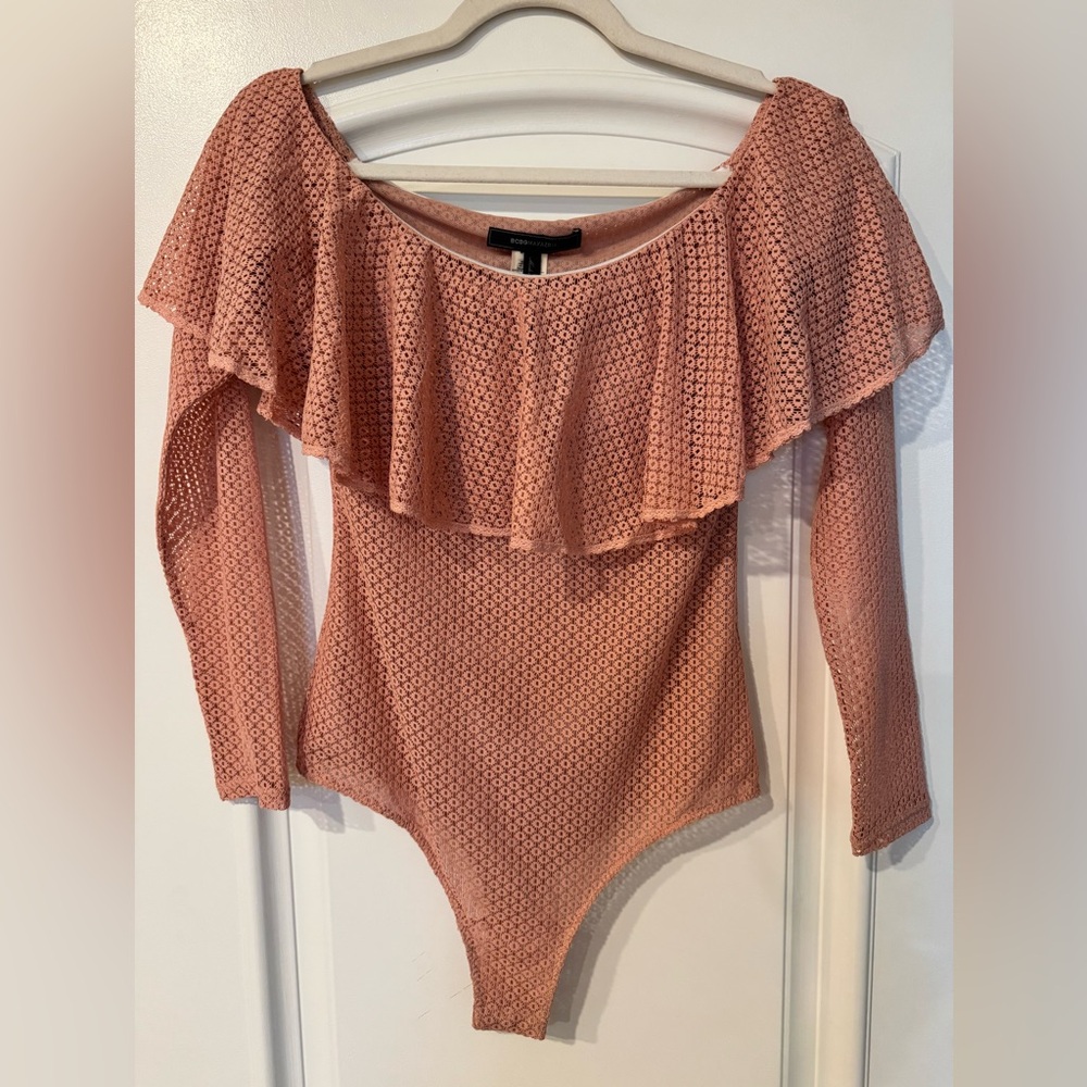 BCBGMaxAzria Nude Pink  Lace Off the Shoulder Bodysuit